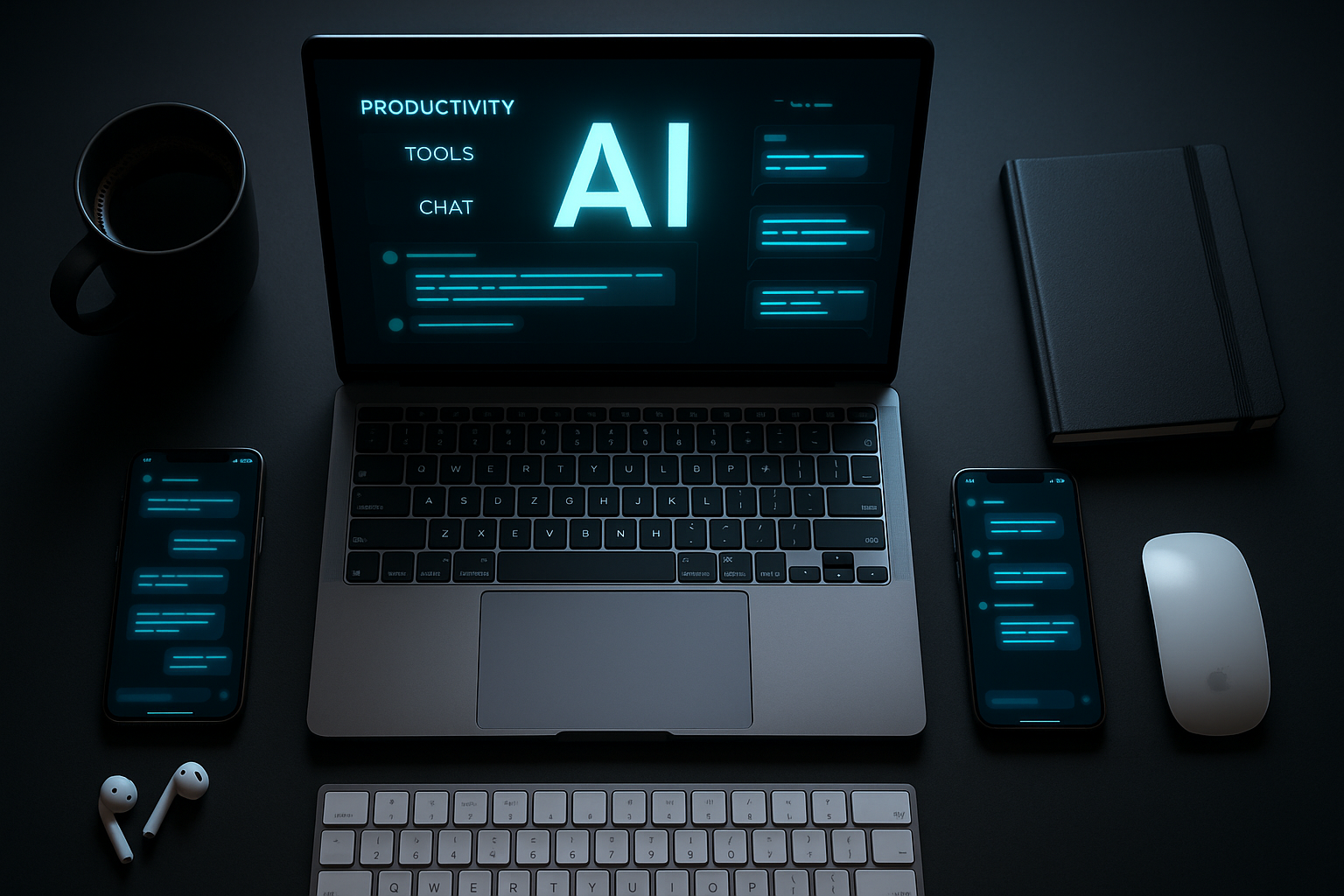 AIツールを表示したノートPCとスマートフォン、ガジェットが配置された黒いデスクの俯瞰写真