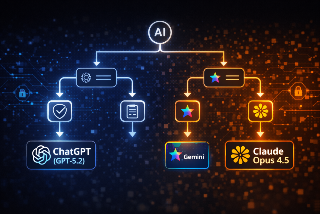 ChatGPT・Gemini・Claudeの使い分けを示したフローチャート