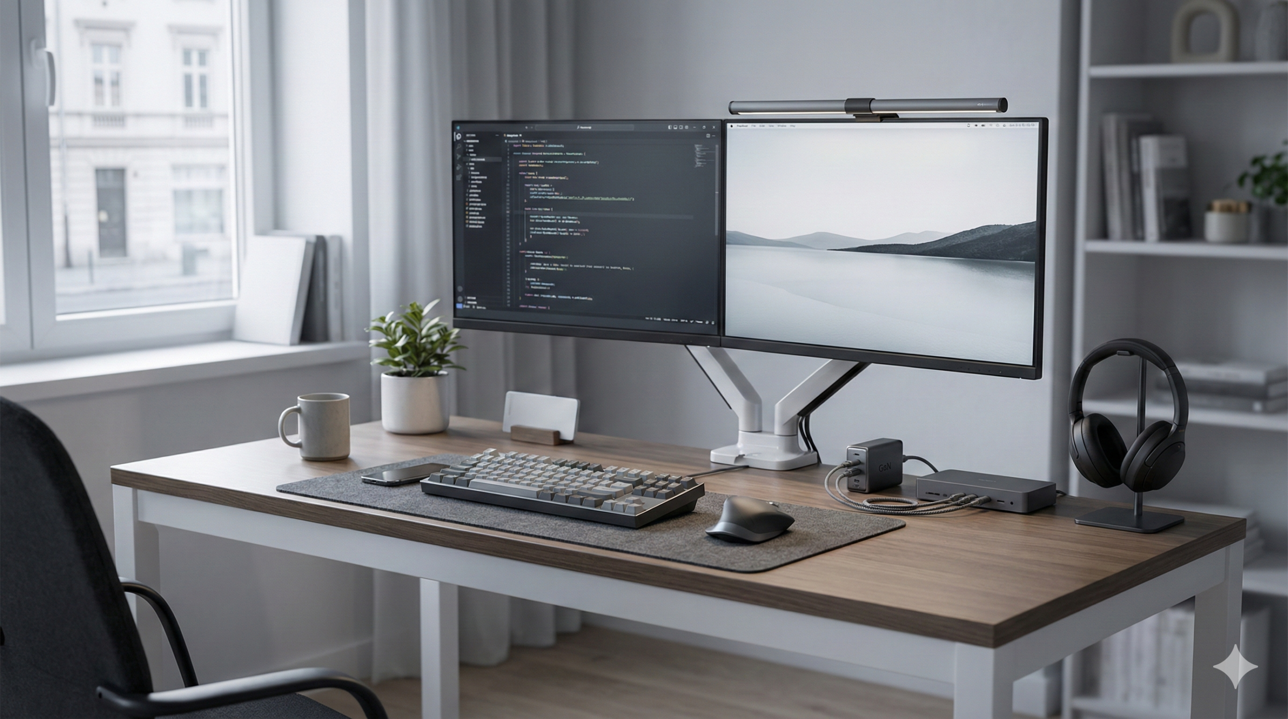 「2026年版 在宅ワークのデスク周り最適化例。デュアルモニター、モニターアーム、メカニカルキーボード、スクリーンバーライトなどのガジェットで整理された快適な作業環境」