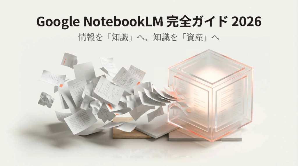 無数の書類が透明なキューブの中に吸い込まれ、光り輝く構造化されたデータに変わるイメージイラスト。「Google NotebookLM 完全ガイド 2026」のタイトル。
