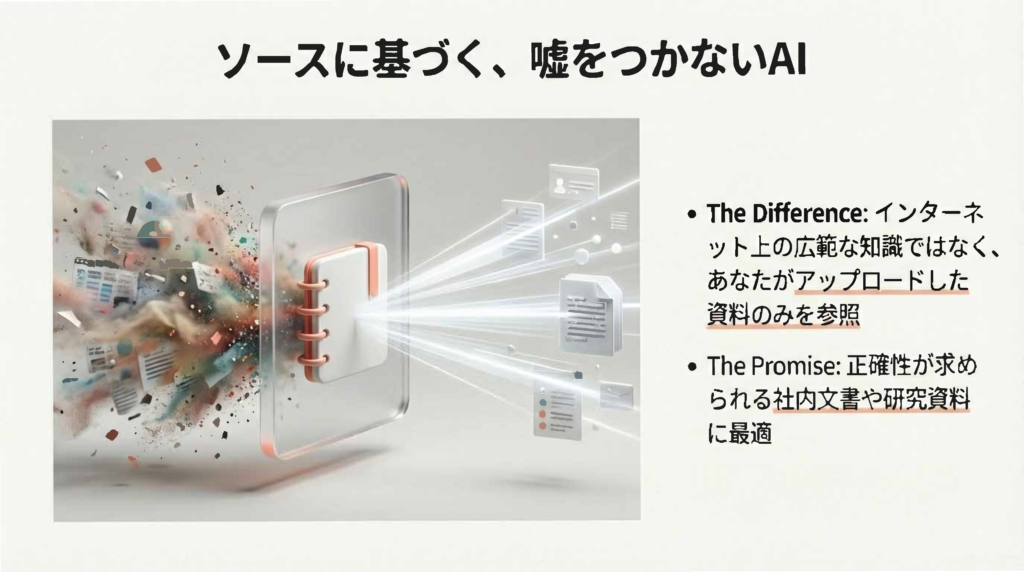 ノートブック型のデバイスに資料が吸い込まれ、整理された光のビームとして出力されるイメージ。