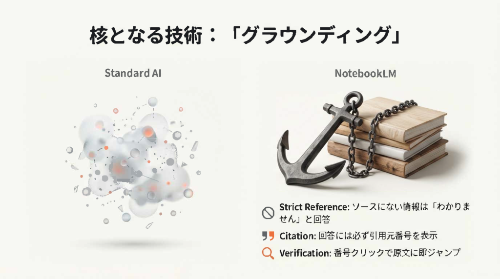 重厚な鎖で本（情報源）にしっかりと繋がれた錨（アンカー）のイラスト。「グラウンディング」を表現。
