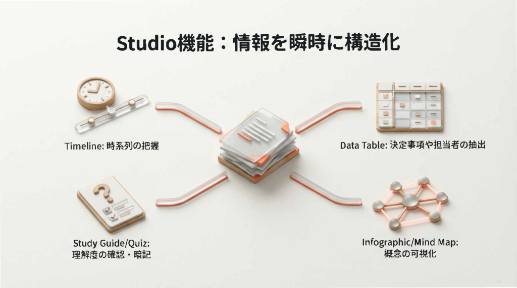 情報を構造化するイメージ。タイムライン、データテーブル、マインドマップなどのアイコン群。
