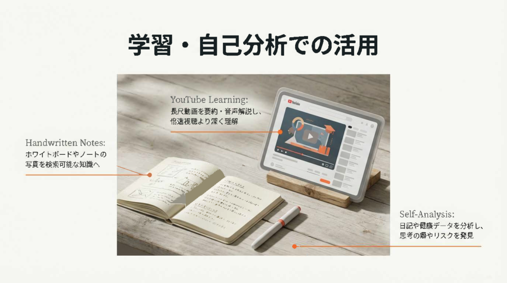タブレットでYouTube動画を表示しながら、手書きノートを開いて学習している様子。