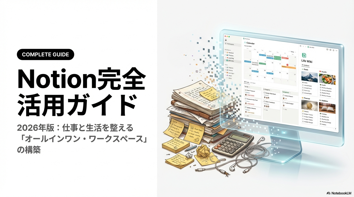 Notion完全活用ガイド2026の表紙。散らかった書類の山と整理されたNotionのデスクトップ画面を対比させたイラスト。