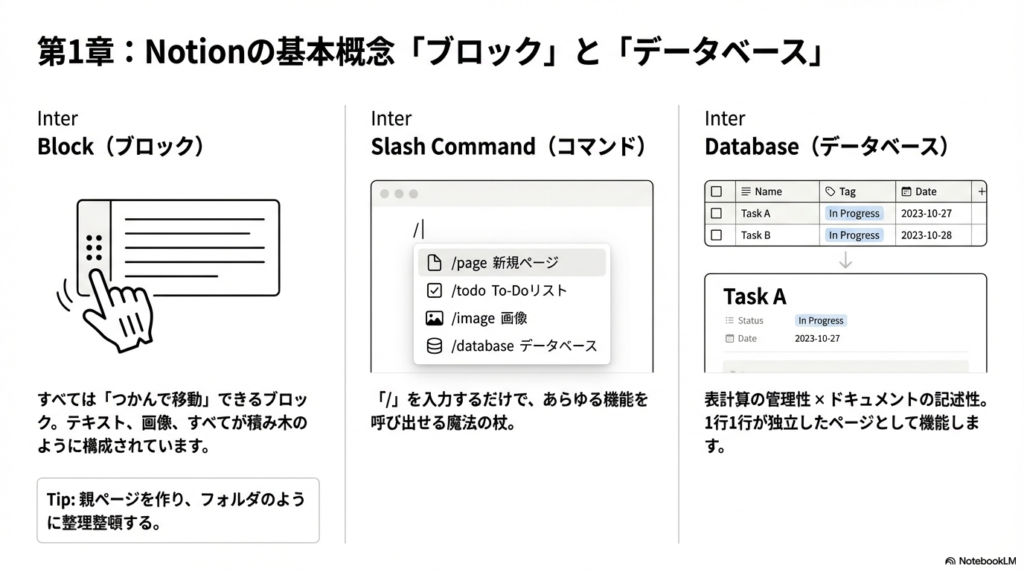 Notionの編集画面。スラッシュコマンドでメニューを呼び出す様子と、タスク名・ステータス・日付が入ったシンプルなデータベースの表。