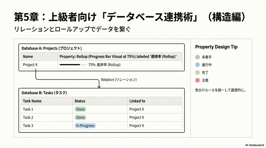 「Projects」データベースと「Tasks」データベースが矢印で繋がり、進捗バーが75%と表示されている設定画面の図。