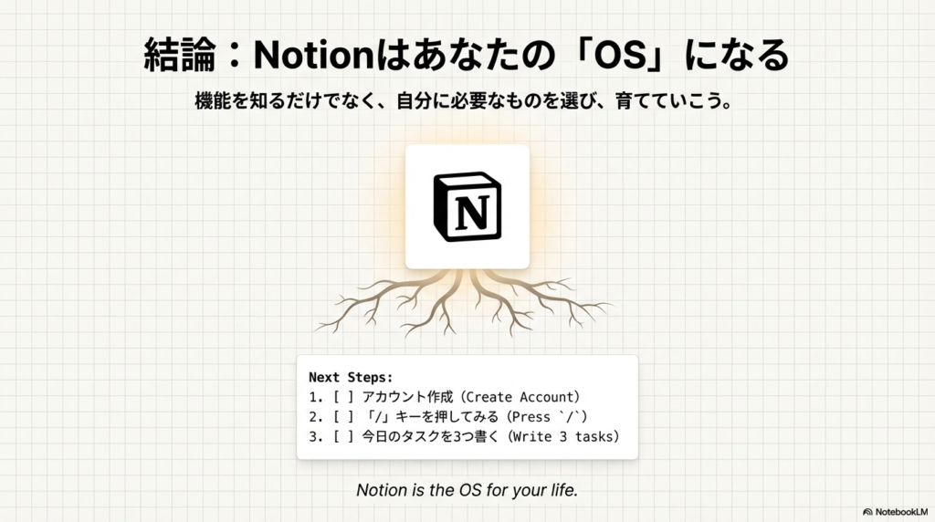 otionのロゴから根が張っているイラストと、「アカウント作成」「スラッシュキーを押す」などのチェックリスト。