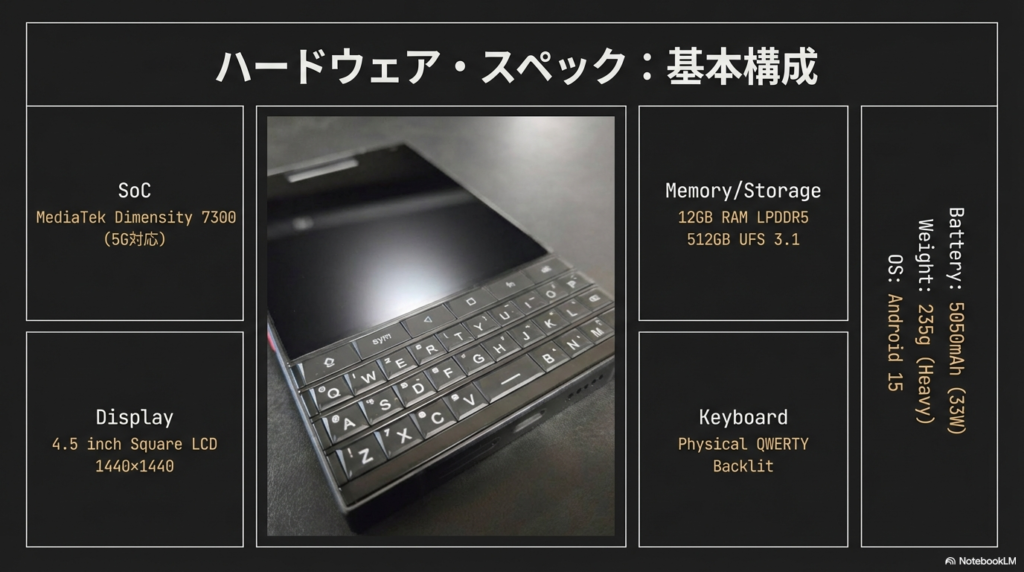 Unihertz Titan 2の物理QWERTYキーボードのアップ写真と基本ハードウェアスペック(SoC Dimensity 7300, 4.5インチ正方形LCD)。