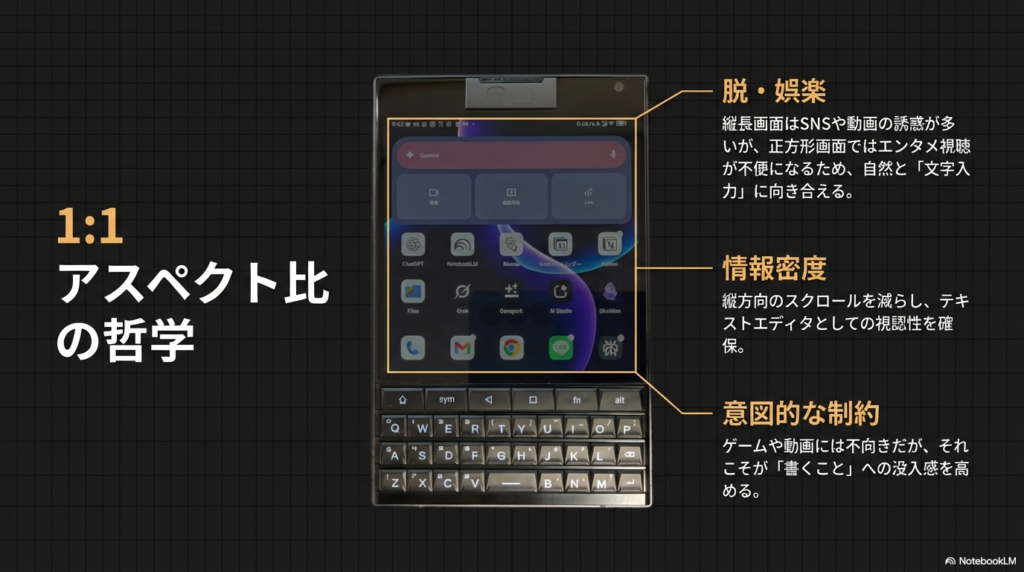Unihertz Titan 2の1:1正方形ディスプレイとホーム画面。縦長画面との違いと情報密度の哲学についての解説。