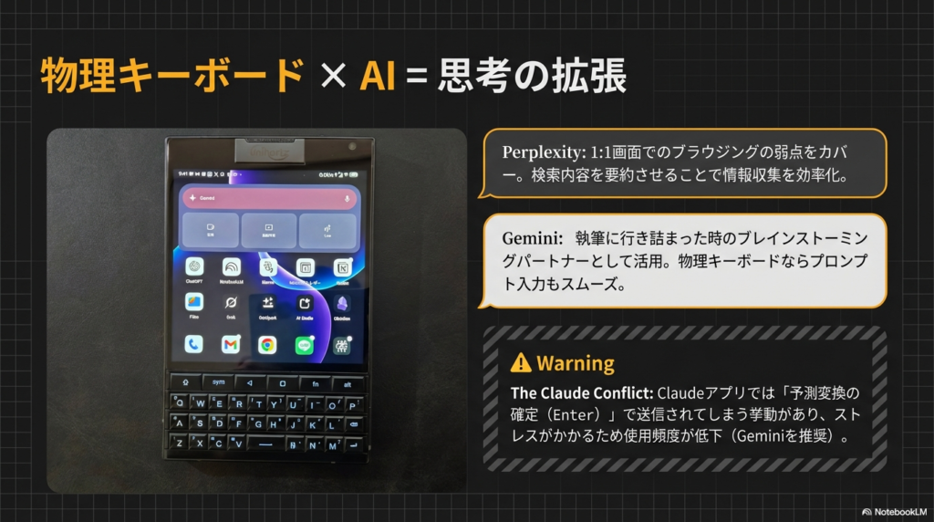 Unihertz Titan 2の画面上のAIアプリ(Gemini, Perplexity)と物理キーボード。思考の拡張についての解説。