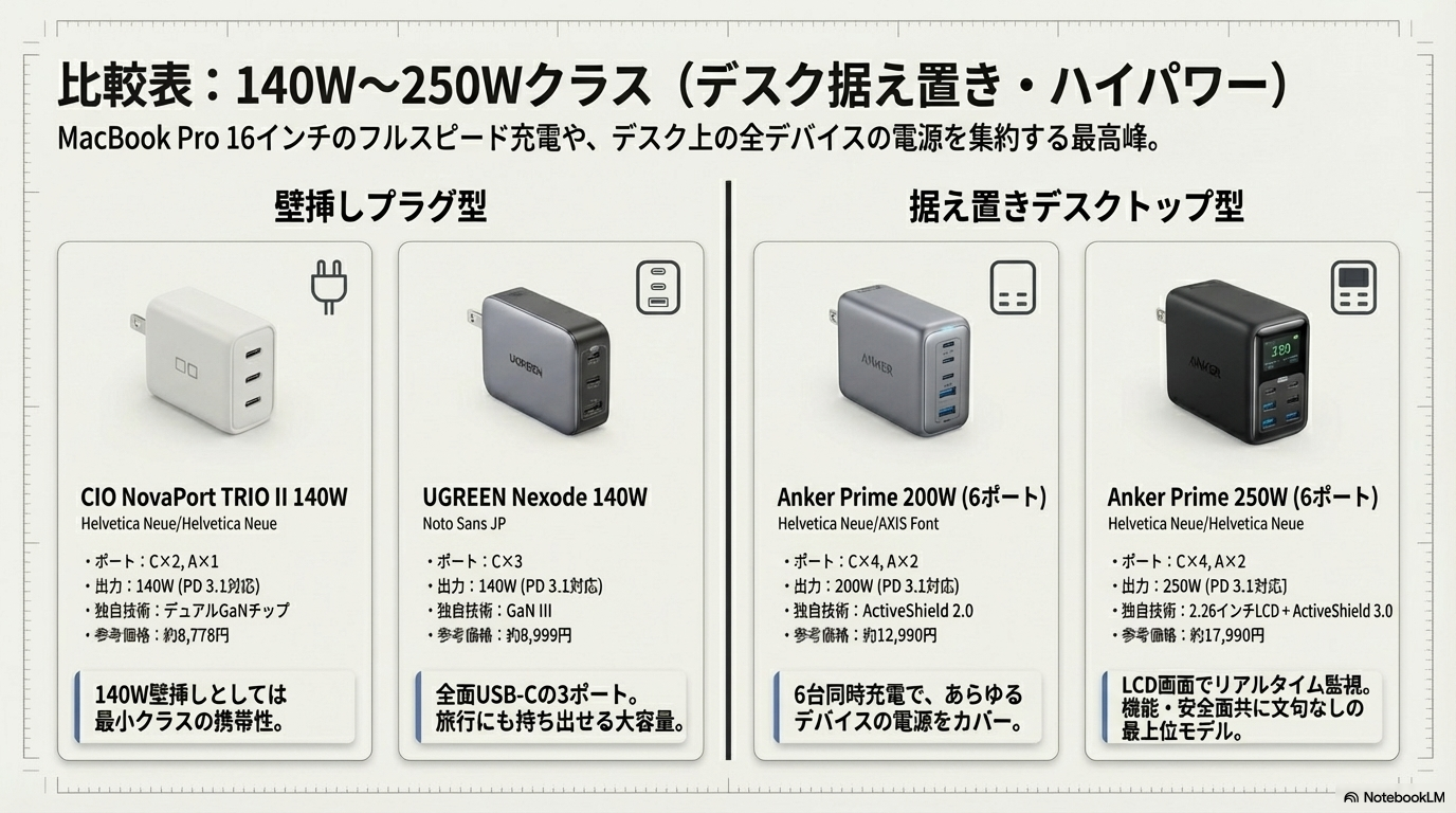 140W〜250Wクラスハイパワー GaN充電器の比較表