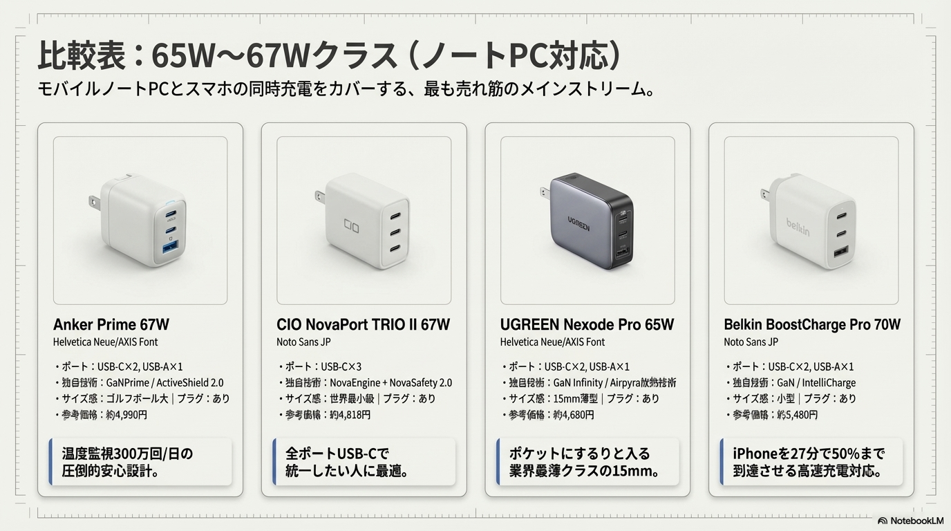 65W〜67WクラスGaN充電器の比較表(Anker・CIO・UGREEN・Belkin)