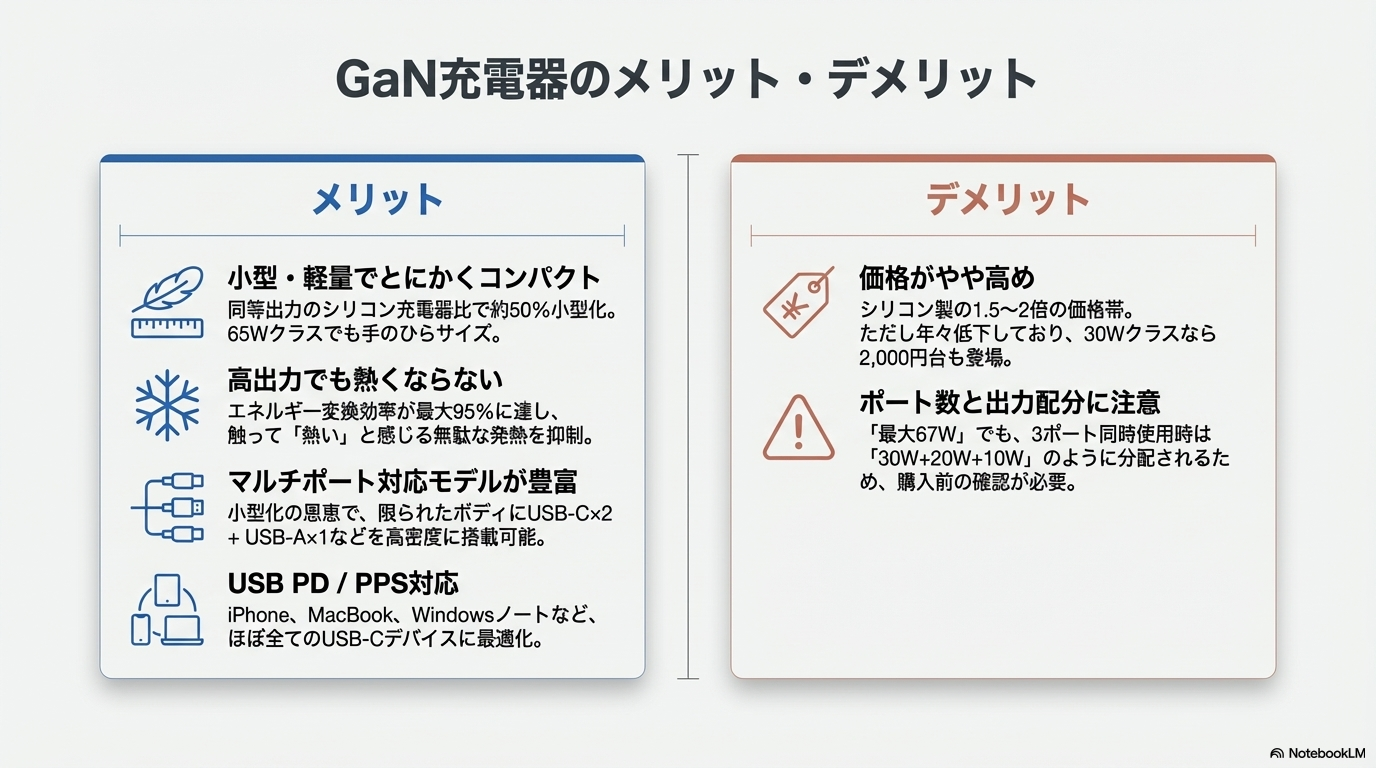 GaN充電器のメリットとデメリットを比較した図解