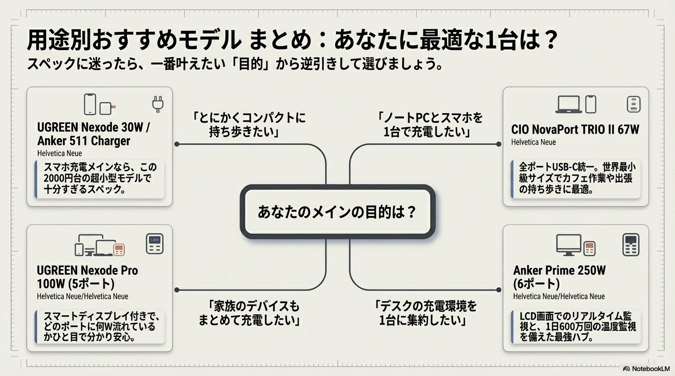 GaN充電器の用途別おすすめモデルまとめ図