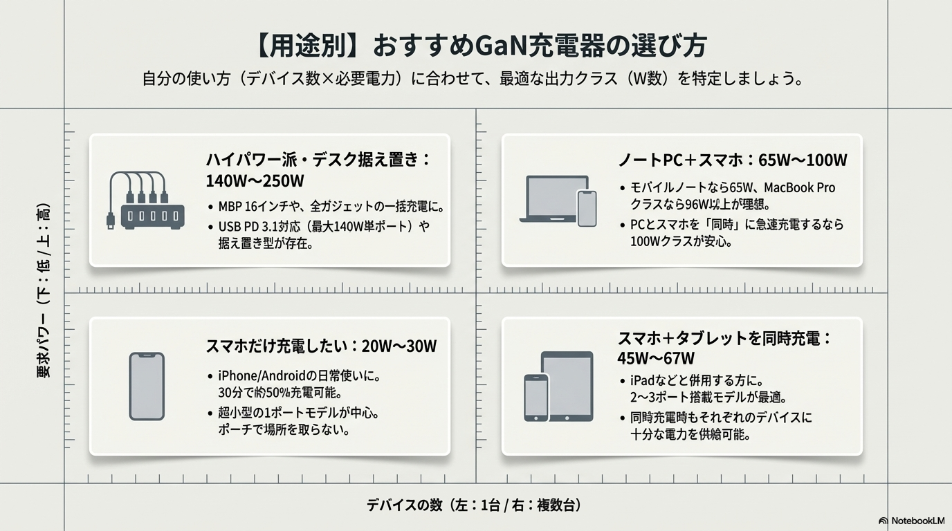 用途別のGaN充電器選び方ガイド(20W〜250W)