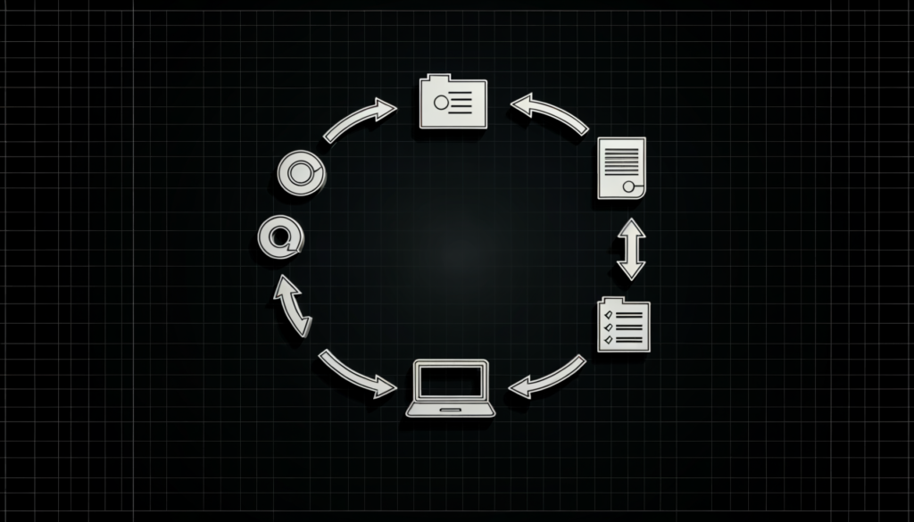 CLAUDE.mdの仕組みを示す図解。ルールファイルからターミナルを経て整理されたアウトプットが生成される流れ