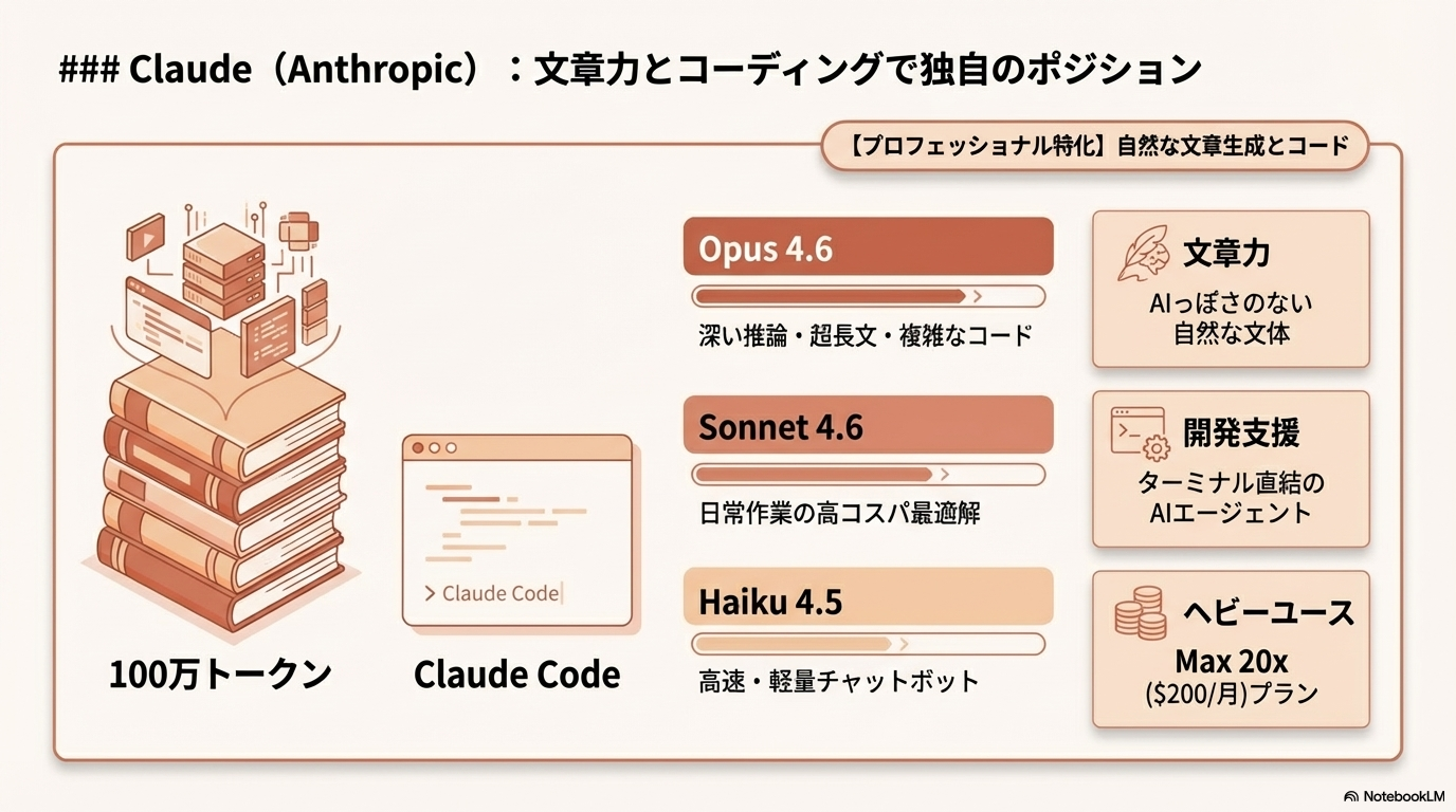 Claude（Anthropic）：文章力とコーディングで独自のポジションの図解