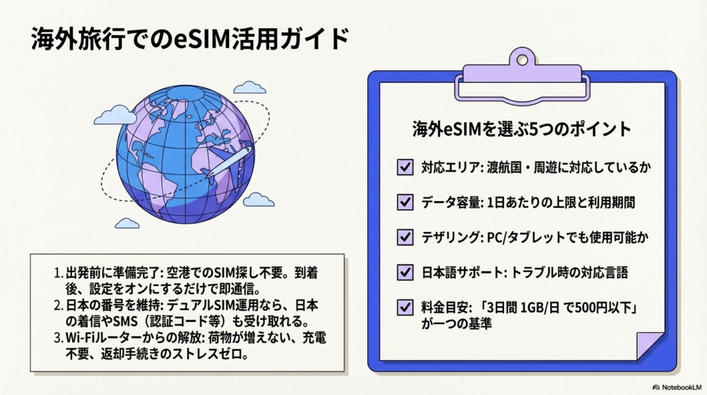 海外旅行でのeSIM活用方法を解説した図解
