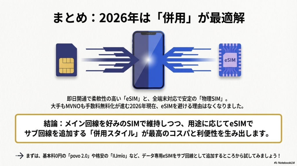 2026年はeSIMと物理SIMの併用がベストという結論をまとめた図解
