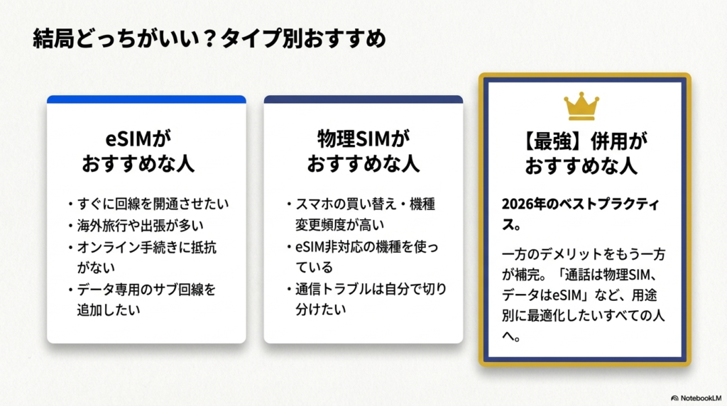 eSIMと物理SIMどっちがいいかタイプ別おすすめを解説した図解