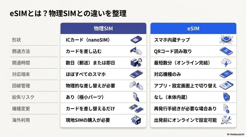eSIMと物理SIMの違いを比較した図解