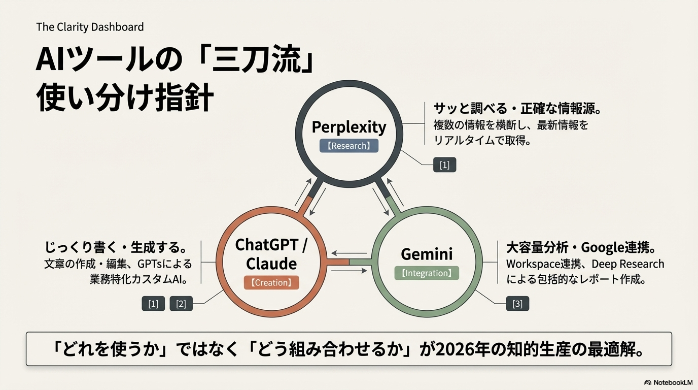 Perplexity AI・ChatGPT・Geminiの使い分けの指針を示す図解