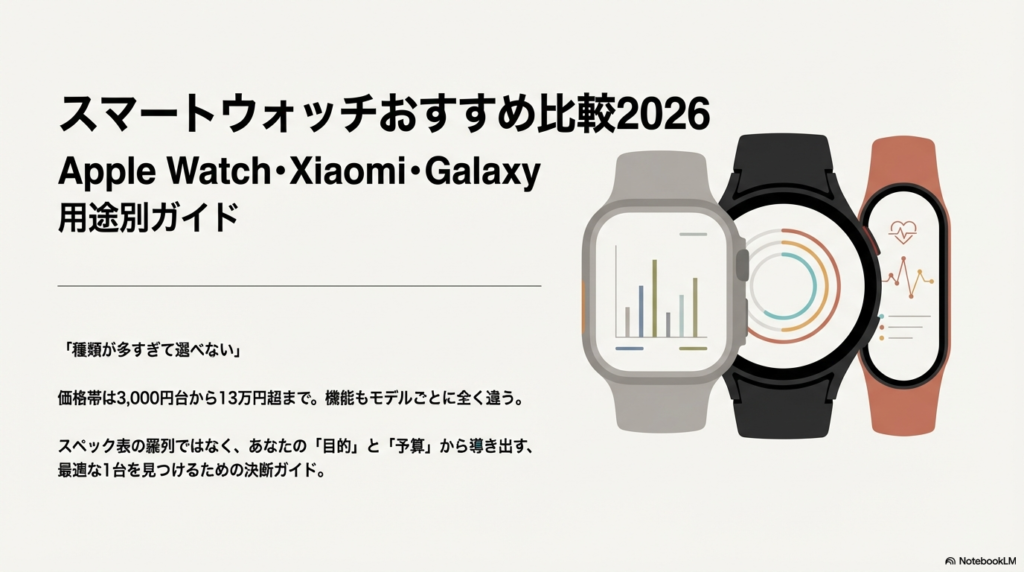 2026年おすすめスマートウォッチ比較 Apple Watch・Galaxy Watch・Xiaomi Smart Band・Garminが並んだ画像
