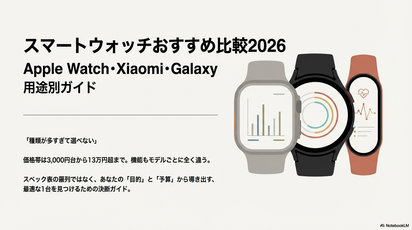 2026年おすすめスマートウォッチ比較 Apple Watch・Galaxy Watch・Xiaomi Smart Band・Garminが並んだ画像