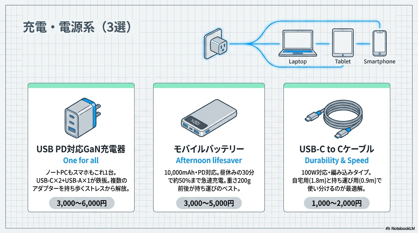 新生活おすすめ充電・電源ガジェット3選の図解