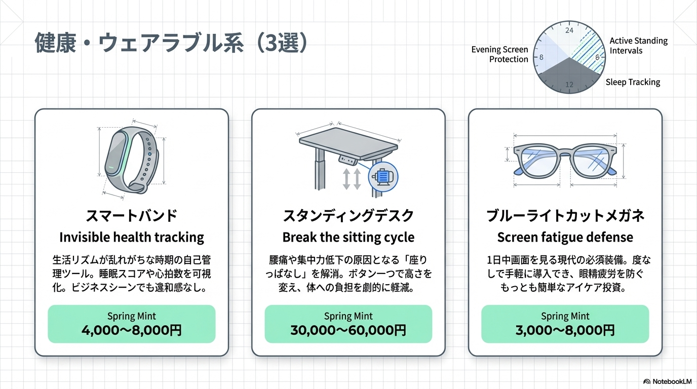 新生活おすすめ健康・ウェアラブルガジェット3選の図解