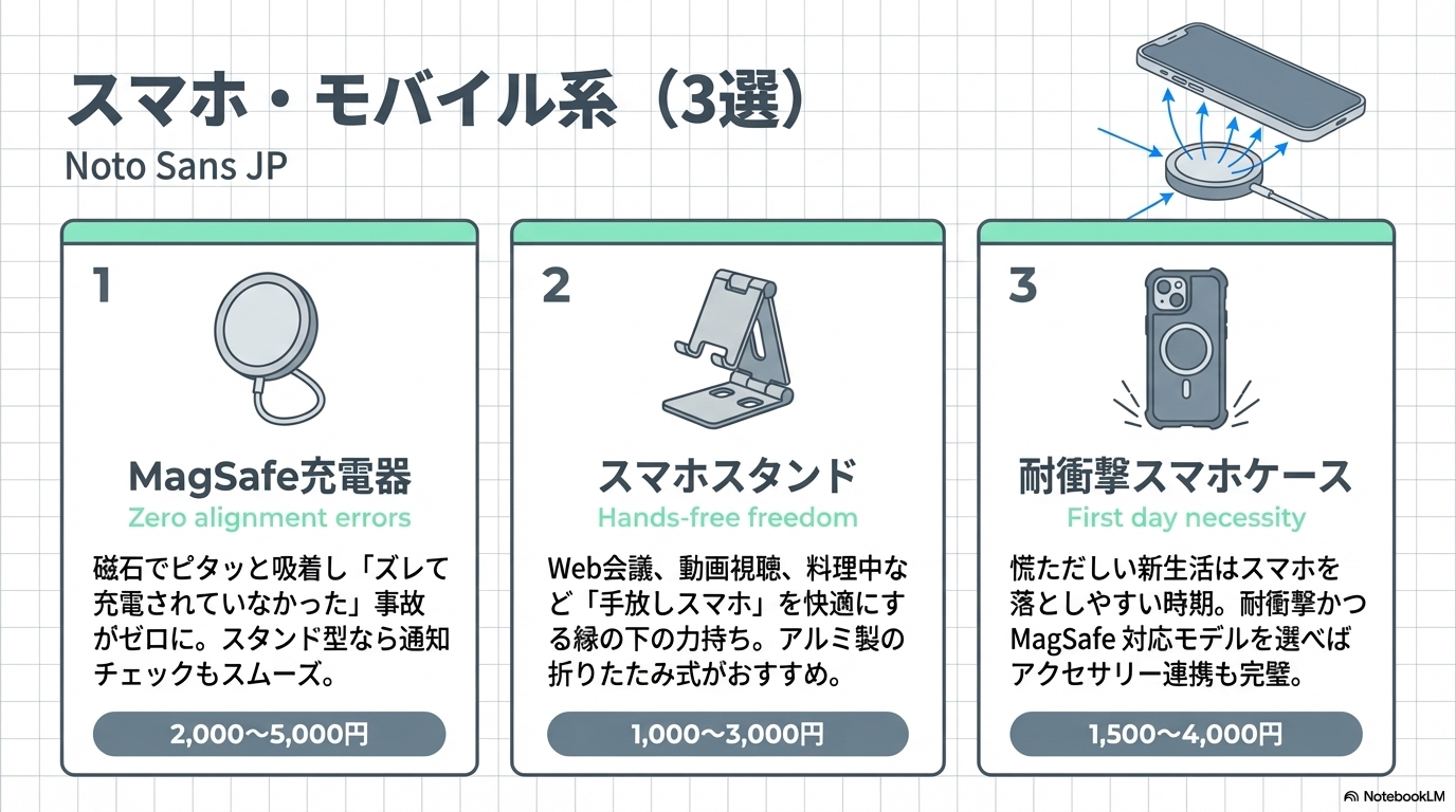 新生活おすすめスマホ・モバイルガジェット3選の図解