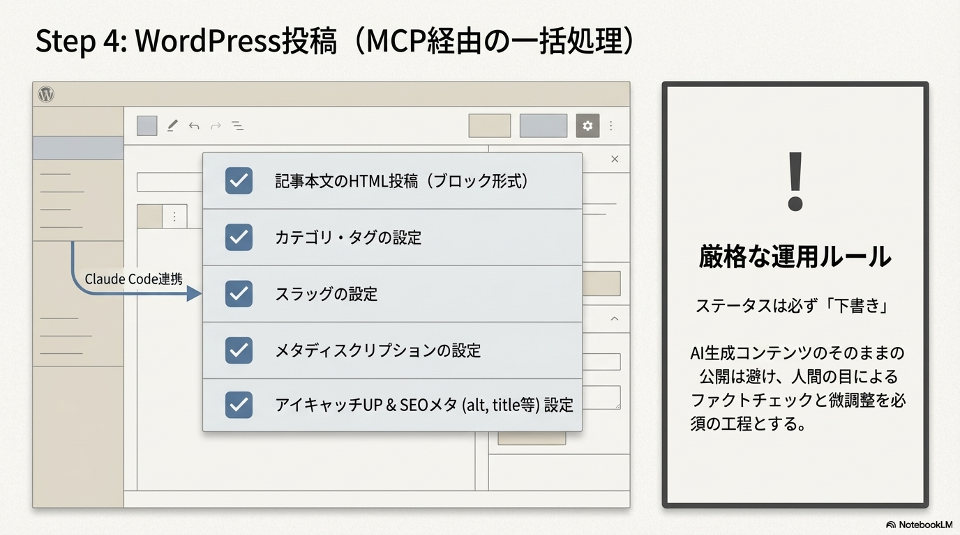 Step 4 MCP経由でWordPressに自動下書き投稿する流れ