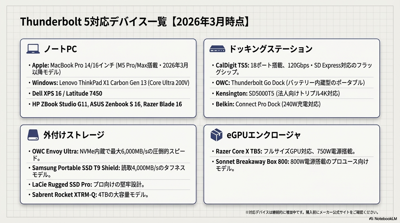 Thunderbolt 5対応デバイス一覧 2026年3月時点