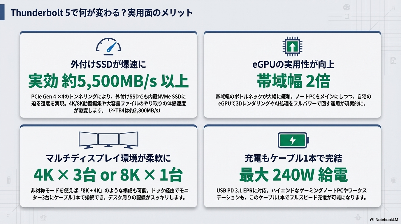Thunderbolt 5の実用面でのメリットを解説する図解