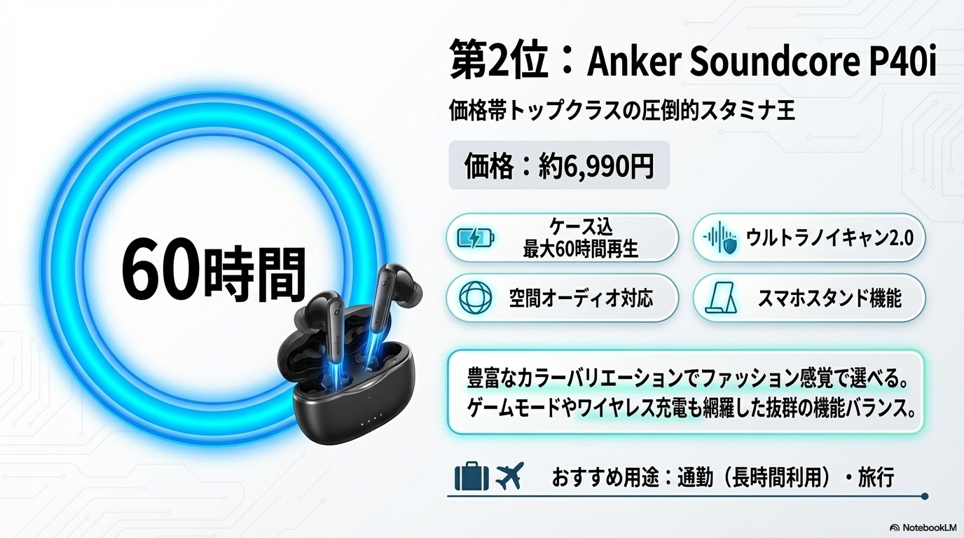 2位：Anker Soundcore P40i ── 60時間再生のスタミナ王 - ワイヤレスイヤホン1万円以下おすすめ10選【2026年コスパ最強】