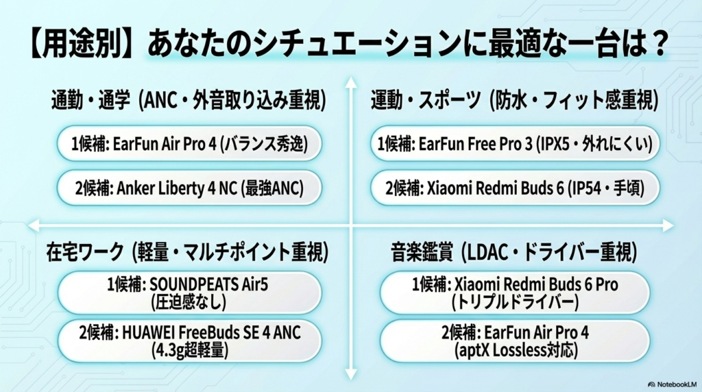 【用途別】おすすめイヤホン早見表 - ワイヤレスイヤホン1万円以下おすすめ10選【2026年コスパ最強】