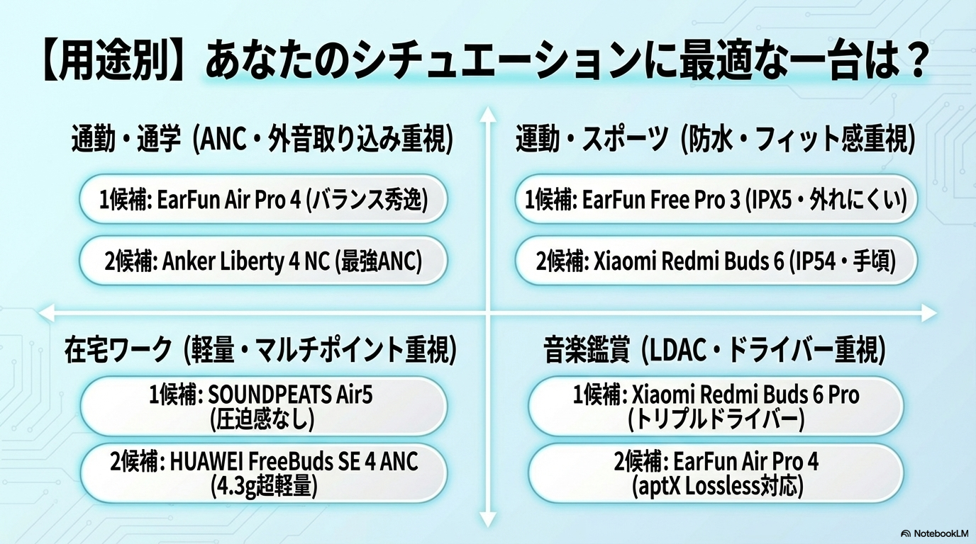 【用途別】おすすめイヤホン早見表 - ワイヤレスイヤホン1万円以下おすすめ10選【2026年コスパ最強】