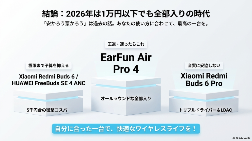 まとめ：2026年は1万円以下でも"全部入り"の時代 - ワイヤレスイヤホン1万円以下おすすめ10選【2026年コスパ最強】