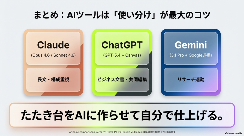 まとめ：AIツールは「使い分け」が最大のコツ - AIで文章作成を効率化する方法｜ChatGPT・Claude・Geminiプロンプト術【2026】
