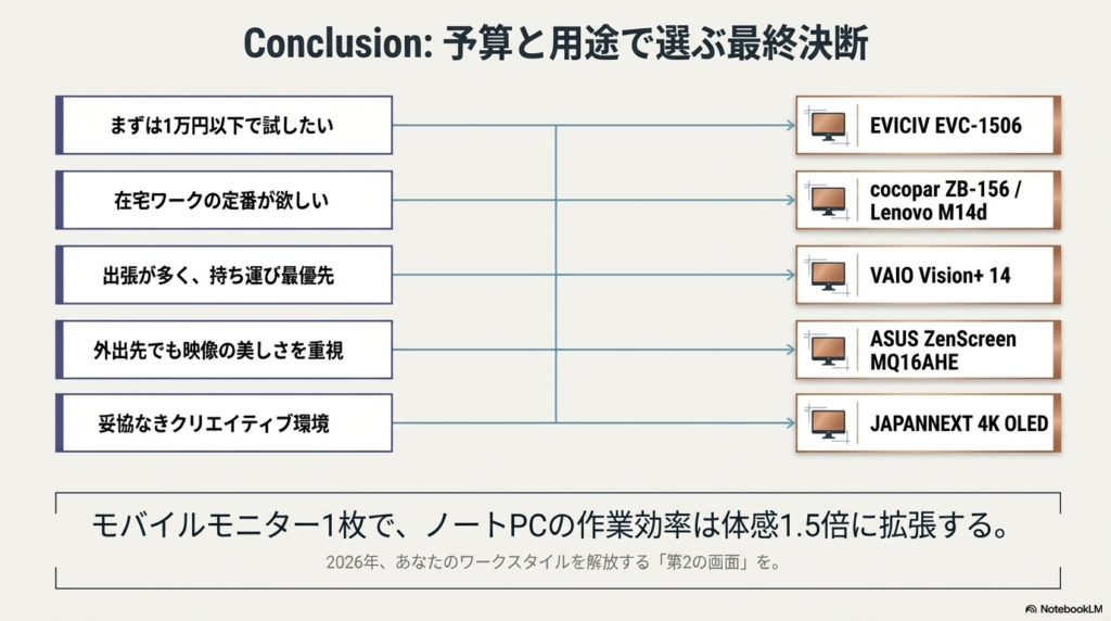 まとめ:予算と用途で選ぶのが正解 - モバイルモニターおすすめ比較2026|用途別10選と選び方ガイド