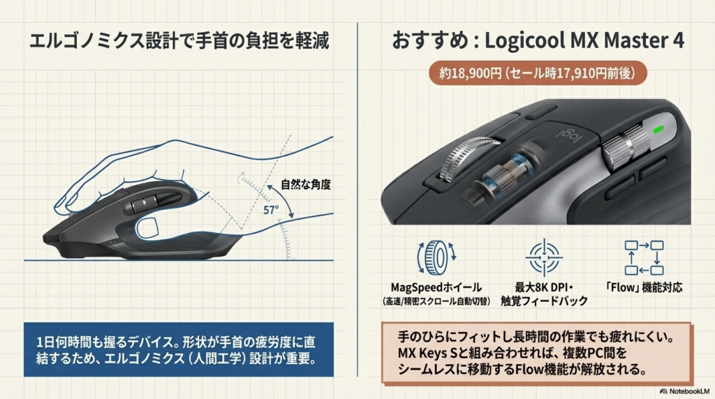 マウス|エルゴノミクス設計で手首の負担を軽減 - 在宅ワークデスク環境構築ガイド2026春|生産性が上がるアイテムまとめ