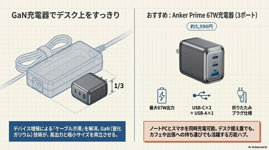 充電器|GaN充電器でデスク上をすっきり - 在宅ワークデスク環境構築ガイド2026春|生産性が上がるアイテムまとめ