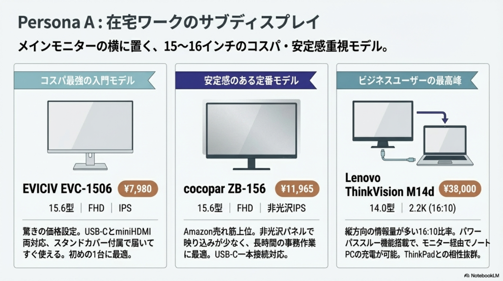 在宅ワークのサブディスプレイにおすすめ - モバイルモニターおすすめ比較2026|用途別10選と選び方ガイド