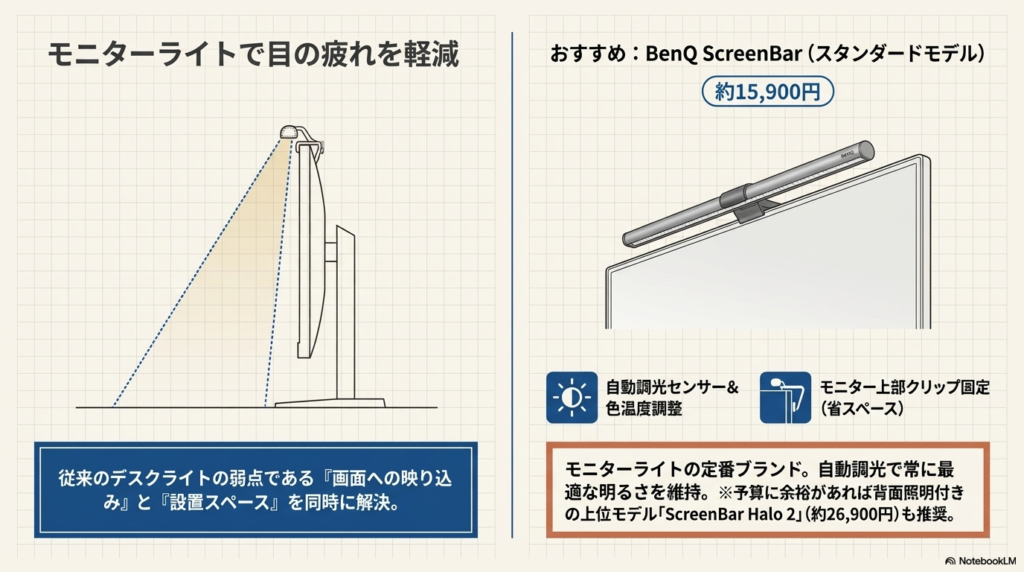 照明|モニターライトで目の疲れを軽減 - 在宅ワークデスク環境構築ガイド2026春|生産性が上がるアイテムまとめ
