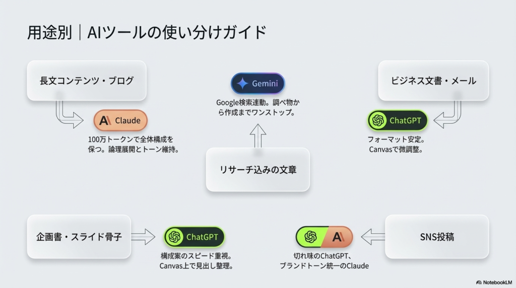用途別｜AIツールの使い分けガイド - AIで文章作成を効率化する方法｜ChatGPT・Claude・Geminiプロンプト術【2026】
