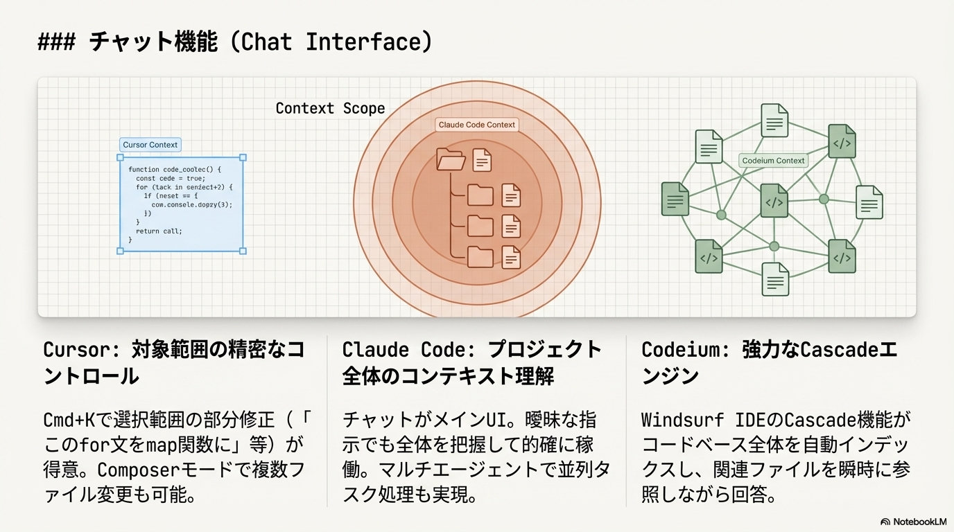 AIチャット機能 比較 Cmd+K Composer Cascade