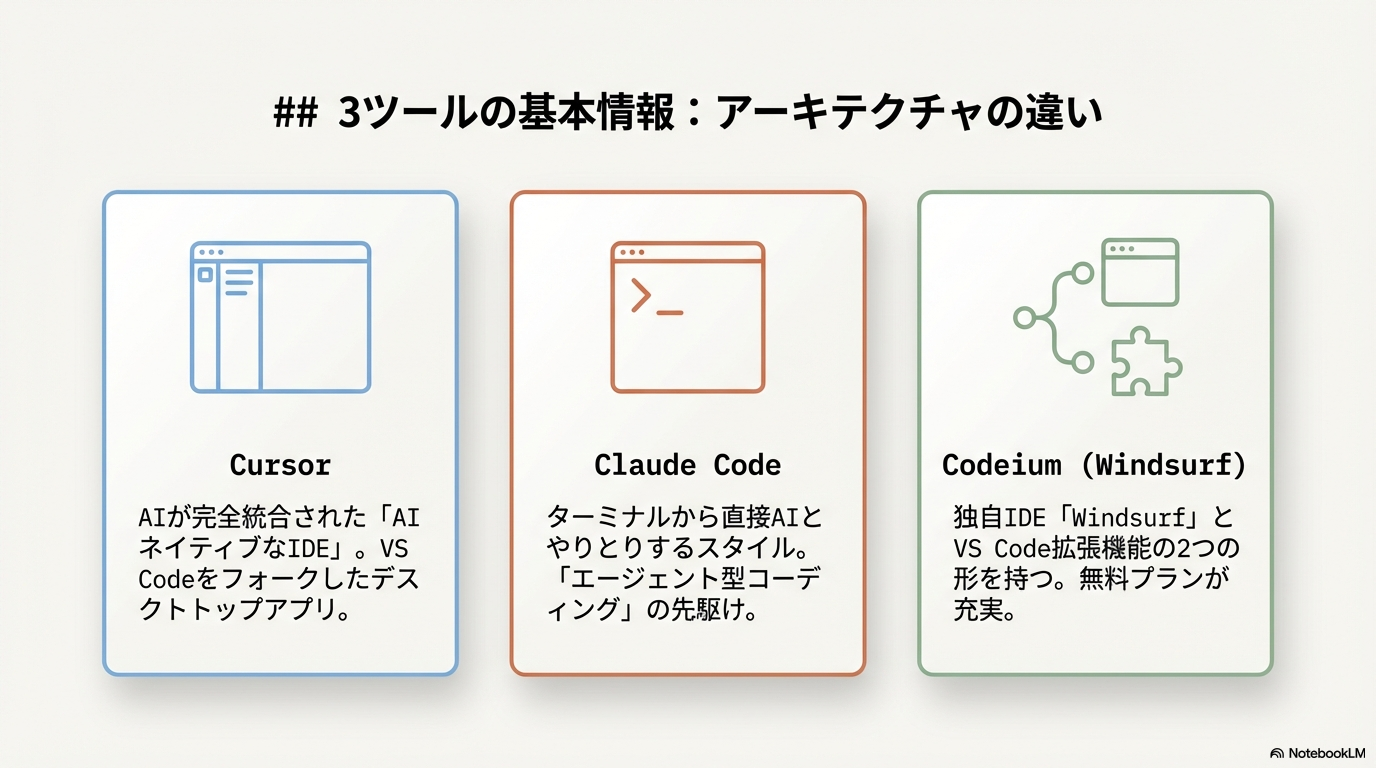 Cursor Claude Code Codeium 基本情報 比較
