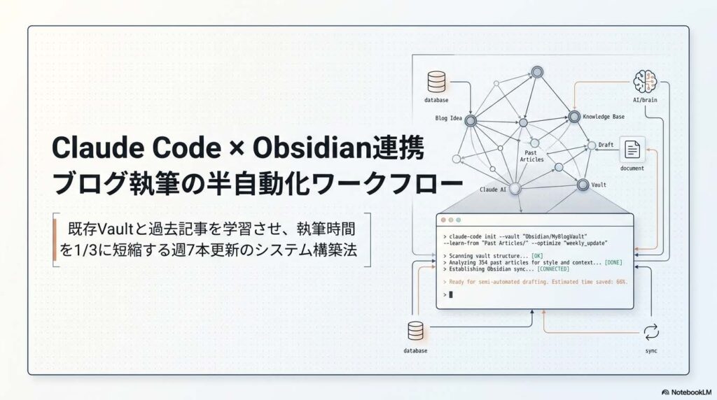 Claude CodeとObsidianを連携させた記事執筆自動化の概念図