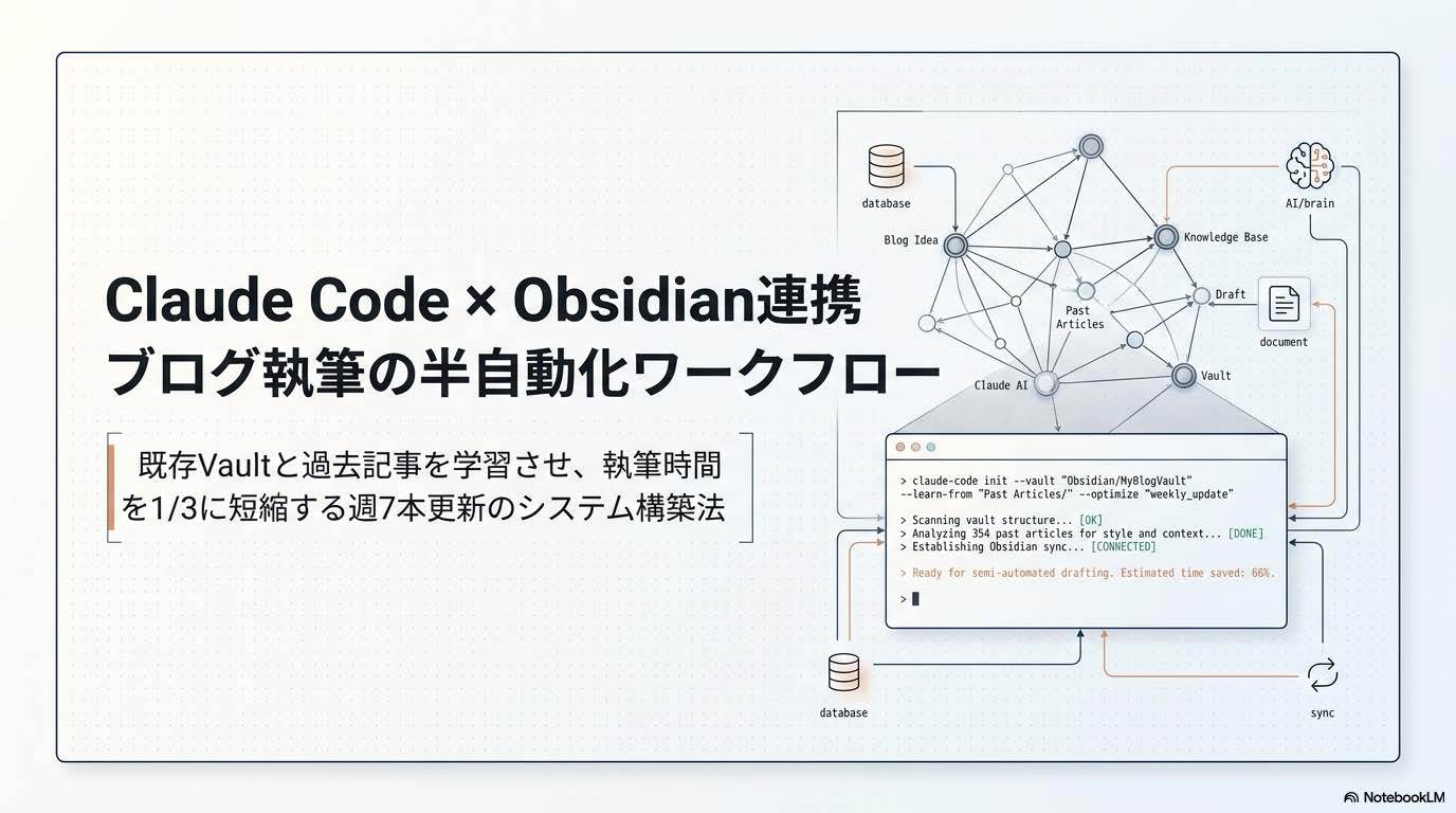 Claude CodeとObsidianを連携させた記事執筆自動化の概念図